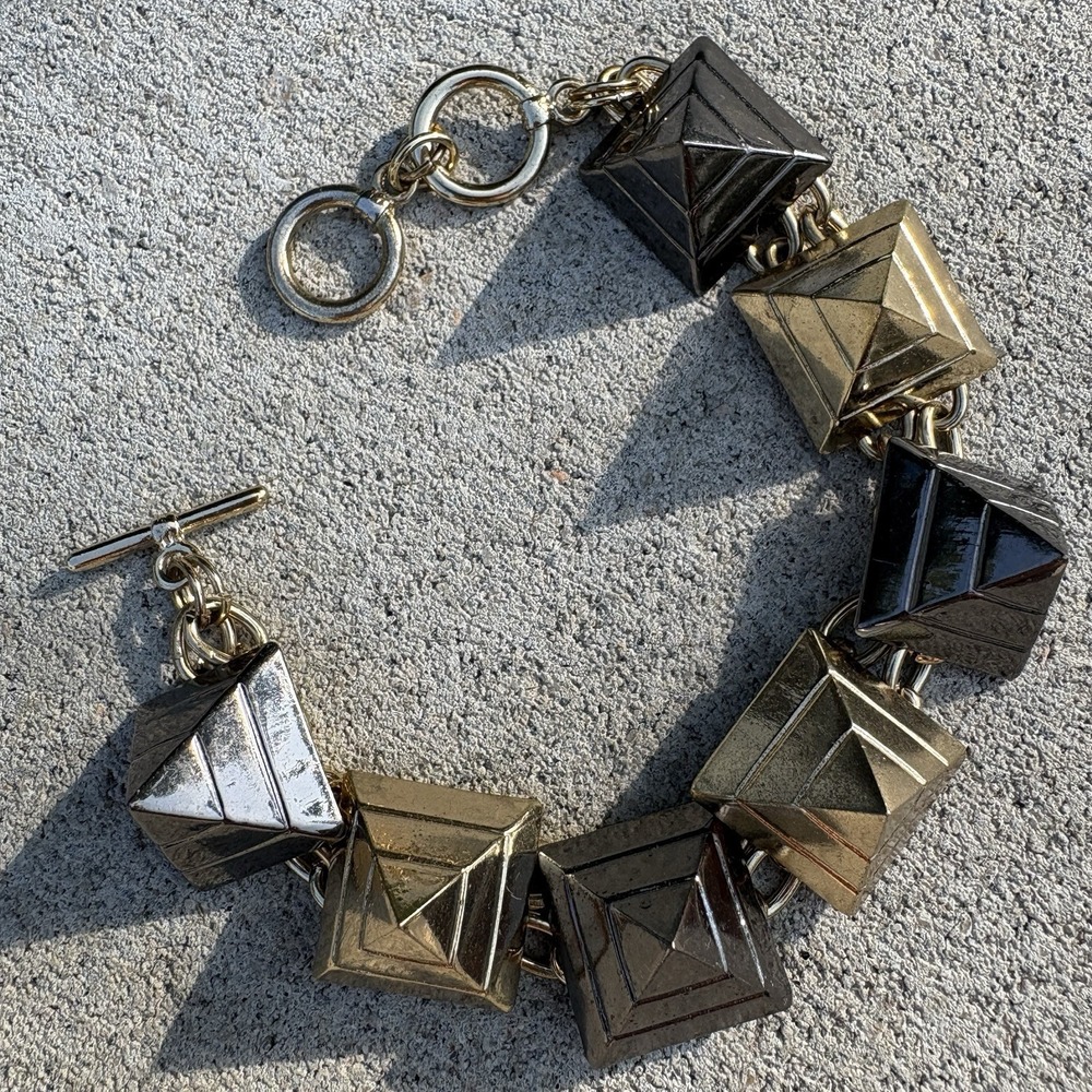 Chunky Pyramid Stud Statement Bracelet Mixed Metal Gold Gunmetal Toggle Clasp